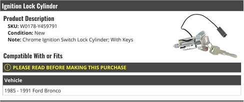 Ignition Switch Lock Cylinder - Chrome - with Keys - Compatible with 1985-1991 Ford Bronco in Saudi Arabia
