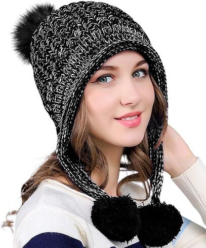 DOCILA Winter Beanie Hat for Women Warm Fleece Lined Pom Knit Earflap Hats Cute Outdoor Snow Ski Skull Cap in Kuwait