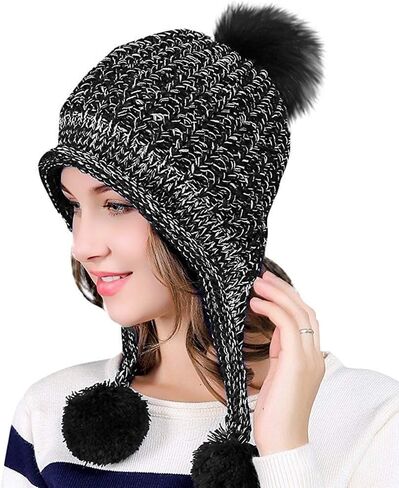 DOCILA Winter Beanie Hat for Women Warm Fleece Lined Pom Knit Earflap Hats Cute Outdoor Snow Ski Skull Cap in Kuwait