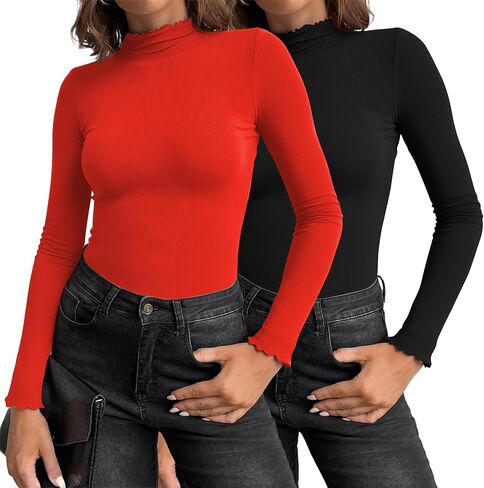 Herou 2 Pack Women Lettuce Trim Ribbed Knit Long Sleeve Top Mock Neck Basic Layer Tops Turtleneck Thermal Underwear Tops in Saudi Arabia