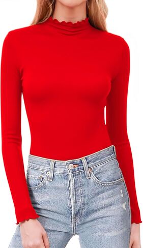 Herou 2 Pack Women Lettuce Trim Ribbed Knit Long Sleeve Top Mock Neck Basic Layer Tops Turtleneck Thermal Underwear Tops in Saudi Arabia