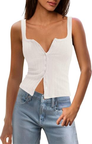 Panadila Womens Ribbed Square Neck Tank Top Summer Button Down Tanks Sleeveless Knit Tops Going Out Outfits in Saudi Arabia