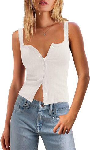 Panadila Womens Ribbed Square Neck Tank Top Summer Button Down Tanks Sleeveless Knit Tops Going Out Outfits in Saudi Arabia