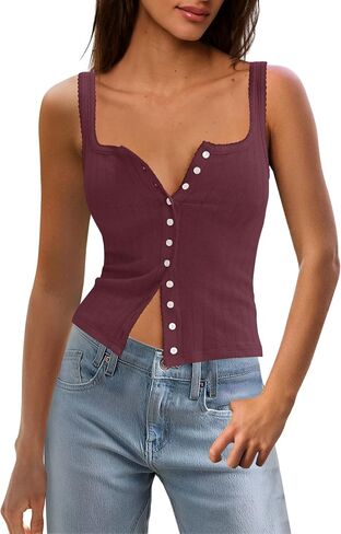 Panadila Womens Ribbed Square Neck Tank Top Summer Button Down Tanks Sleeveless Knit Tops Going Out Outfits in Saudi Arabia