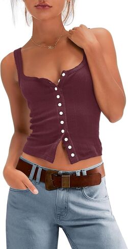 Panadila Womens Ribbed Square Neck Tank Top Summer Button Down Tanks Sleeveless Knit Tops Going Out Outfits in Saudi Arabia