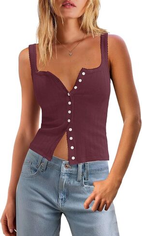 Panadila Womens Ribbed Square Neck Tank Top Summer Button Down Tanks Sleeveless Knit Tops Going Out Outfits in Saudi Arabia