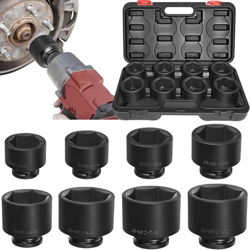 3/4'' Drive Spindle Axle Nut Impact Socket Set, 8 Pack Large Impact Socket Set, Axle Nut Socket Set, 6 Point SAE Size 2-1/16" to 2-1/2", For Wheel Hub Axle Nut Removal and Installation in Saudi Arabia