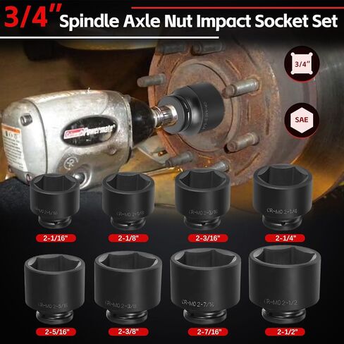 3/4'' Drive Spindle Axle Nut Impact Socket Set, 8 Pack Large Impact Socket Set, Axle Nut Socket Set, 6 Point SAE Size 2-1/16" to 2-1/2", For Wheel Hub Axle Nut Removal and Installation in Saudi Arabia