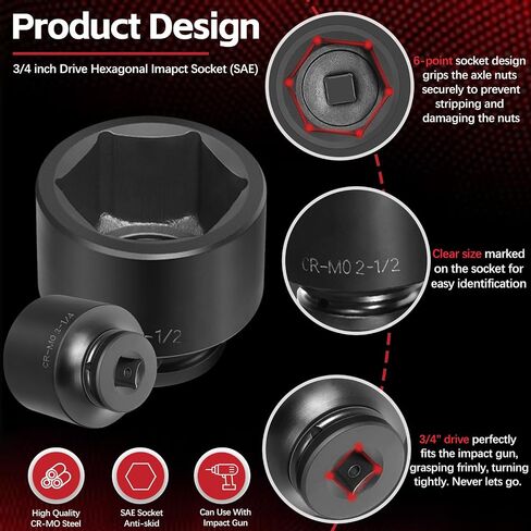 3/4'' Drive Spindle Axle Nut Impact Socket Set, 8 Pack Large Impact Socket Set, Axle Nut Socket Set, 6 Point SAE Size 2-1/16" to 2-1/2", For Wheel Hub Axle Nut Removal and Installation in Saudi Arabia