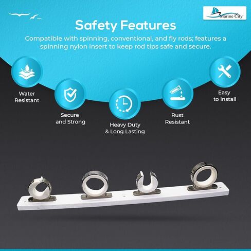 MARINE CITY Teak Base 4-Rod Reel Board 316 Grade Stainless Steel Fishing Rod Storage Hanger Rack (Length: 2.71 Inches) for Marines – Boats – Vans – Cars (1 Set) in Kuwait