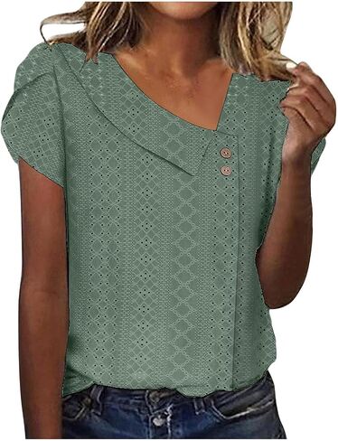 Women's Summer Eyelet Tops Dressy Casual Blouses Fashion Asymmetric V Neck Short Sleeve Tunic Top Work Tshirts in Saudi Arabia