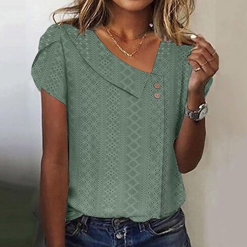 Women's Summer Eyelet Tops Dressy Casual Blouses Fashion Asymmetric V Neck Short Sleeve Tunic Top Work Tshirts in Saudi Arabia