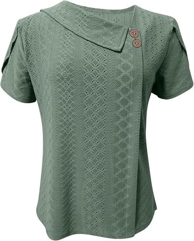 Women's Summer Eyelet Tops Dressy Casual Blouses Fashion Asymmetric V Neck Short Sleeve Tunic Top Work Tshirts in Saudi Arabia