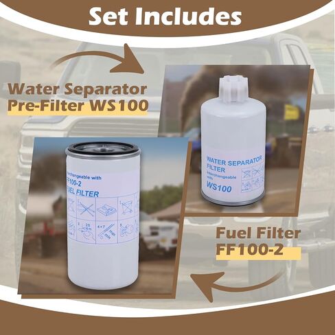 Water Separator Pre-Filter WS100 & Fuel Filter FF100-2 Compatible with AirDog I II II-4G II-5G, Cummins Powerstroke Duramax Diesel, Dodge Ram Chevy Silverado GMC Sierra Replaces P551315 P550550 in Kuwait
