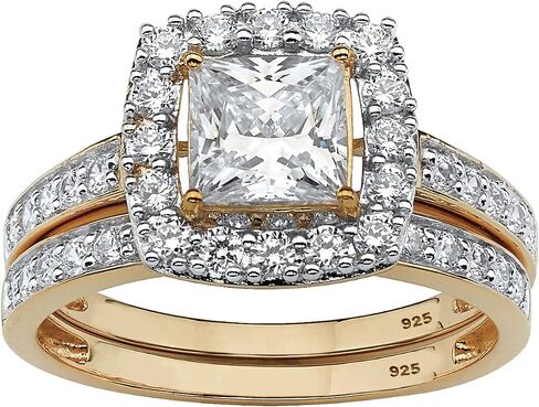 18K Yellow Gold over Sterling Silver Princess Cut Cubic Zirconia Halo Bridal Ring Set in Saudi Arabia