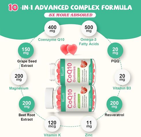 2 Pack CoQ10 Gummies, Plus Omega-3, Magnesium, Vitamin B12 for Brain & Antioxidant, 5X Better Absorption Coenzyme Q10 Supplement - 120 Cts in Kuwait