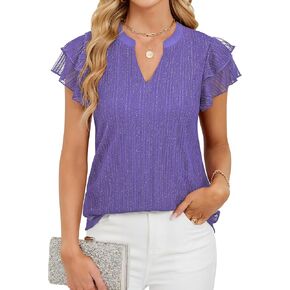 Women's Summer Puff Short Sleeve V Neck Dressy Blouses Shirts Double Layers Casual Loose Fit Mesh Flowy Tunic Tops in Kuwait
