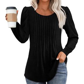 Womens Long Sleeve Blouse Fall Dressy Casual Pleated Crew Neck Shirts Floral Bohemian Tunic Tops in Kuwait