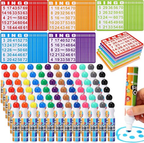 Crtiin 148 Pack Bingo Game Cards ومجموعة Bingo Daubers تتضمن 100 بطاقة بنغو و48 علامة نقطية من لوازم البنغو مجموعة بطاقات الاتصال لألعاب البنغو وألعاب البطاقات وأنشطة التجمع العائلي وليلة الألعاب in Kuwait