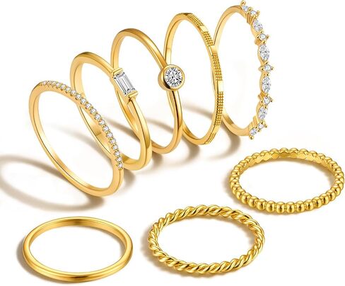 8pcs حلقات التراص الذهب مجموعة للنساء قابلة للتكديس حزمة غير مشوهة الحد الأدنى البسيط 14K حلقات الذهب والفضة هدايا هدية المجوهرات الفولاذ المقاوم للصدأ hypoallergenic in Kuwait