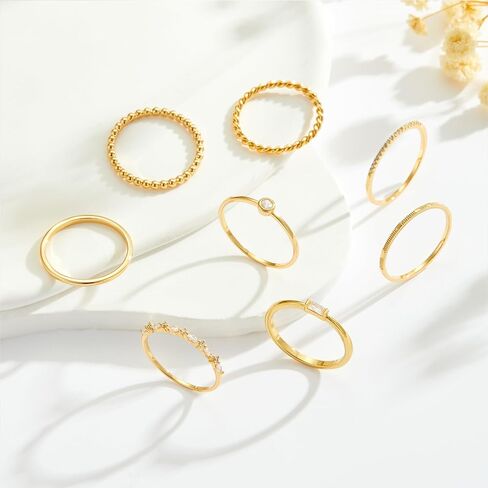 8pcs حلقات التراص الذهب مجموعة للنساء قابلة للتكديس حزمة غير مشوهة الحد الأدنى البسيط 14K حلقات الذهب والفضة هدايا هدية المجوهرات الفولاذ المقاوم للصدأ hypoallergenic in Kuwait