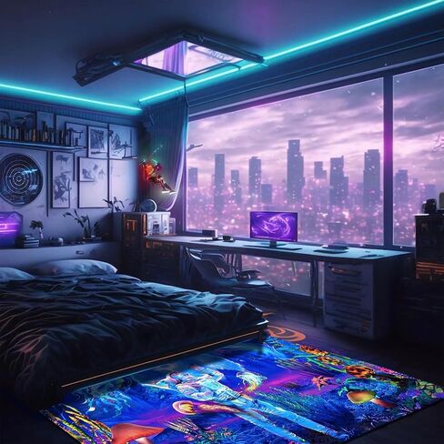 سجادة منطقة رائد فضاء Blacklight ، سجادة كبيرة للأشعة فوق البنفسجية للأشعة فوق البنفسجية ، سجادة حصيرة مضيئة الفلورسنت غير المنقولة ، توهج في النباتات المظلمة قناديل البحر ديكور غرفة نوم الفضاء 70 × 47 بوصة in Kuwait