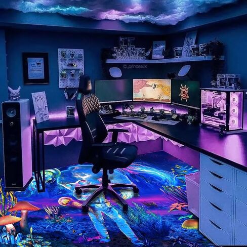 سجادة منطقة رائد فضاء Blacklight ، سجادة كبيرة للأشعة فوق البنفسجية للأشعة فوق البنفسجية ، سجادة حصيرة مضيئة الفلورسنت غير المنقولة ، توهج في النباتات المظلمة قناديل البحر ديكور غرفة نوم الفضاء 70 × 47 بوصة in Kuwait