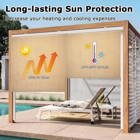 Outdoor Roller Shade with 95% UV Protection, Crank-Free Operation Patio Blind for Porch, Gazebo, Pergola, Balcony – Outdoor Blinds for Shading and Privacy (7'Wx8'H Beige) in Saudi Arabia