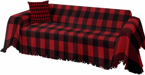 Plaid Couch Cover With Tassel - Rustic Red and Black Buffalo Plaid for 3 Cushion Sectional Sofa - Washable Protector Blanket for Dogs 71"X150" in Saudi Arabia