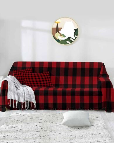 Plaid Couch Cover With Tassel - Rustic Red and Black Buffalo Plaid for 3 Cushion Sectional Sofa - Washable Protector Blanket for Dogs 71"X150" in Saudi Arabia