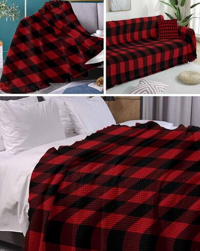 Plaid Couch Cover With Tassel - Rustic Red and Black Buffalo Plaid for 3 Cushion Sectional Sofa - Washable Protector Blanket for Dogs 71"X150" in Saudi Arabia