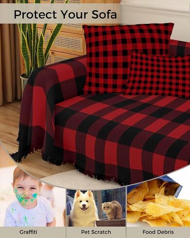 Plaid Couch Cover With Tassel - Rustic Red and Black Buffalo Plaid for 3 Cushion Sectional Sofa - Washable Protector Blanket for Dogs 71"X150" in Saudi Arabia