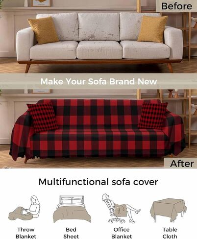 Plaid Couch Cover With Tassel - Rustic Red and Black Buffalo Plaid for 3 Cushion Sectional Sofa - Washable Protector Blanket for Dogs 71"X150" in Saudi Arabia