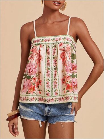 Soly Hux Women's Boho Floral Cami Top Spaghetti Strap Ocleseless Facitures Summer Camisole in Kuwait