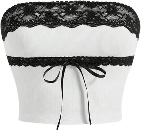 Wdirara Women's Floral Lace Bow Tubs Tops Britless Cric Top Summer Summer Disual Bandeau Tops in Saudi Arabia