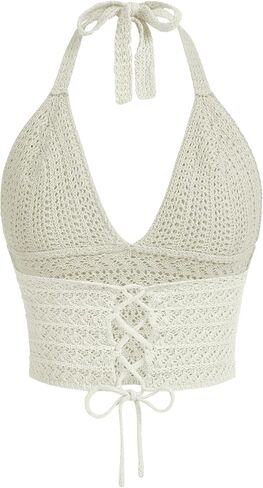 Women Y2k Cute Crochet Knit Crop Halter V Neck Cami Tops Open Back Bow Tie Fitted Sweater Tank Vest Summer Shirts in Kuwait