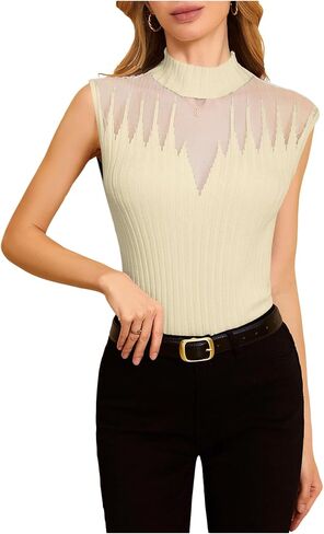 MakeMeChic Women's Contrast Mesh Mock Neck Turtleneck Knit Tops Sleeveless Sweater Vest Top Work Tank in Saudi Arabia