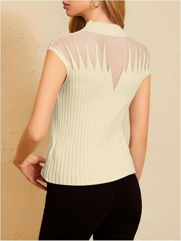 MakeMeChic Women's Contrast Mesh Mock Neck Turtleneck Knit Tops Sleeveless Sweater Vest Top Work Tank in Saudi Arabia