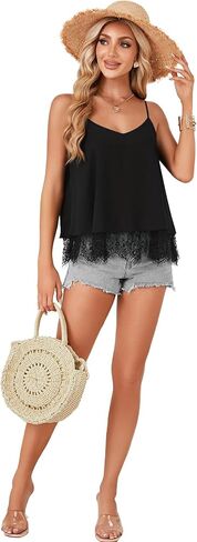 Lyaner Women's Summer Cute Cami Derts Spaghetti Strap v Neck Olcyless Lace Tops in Kuwait