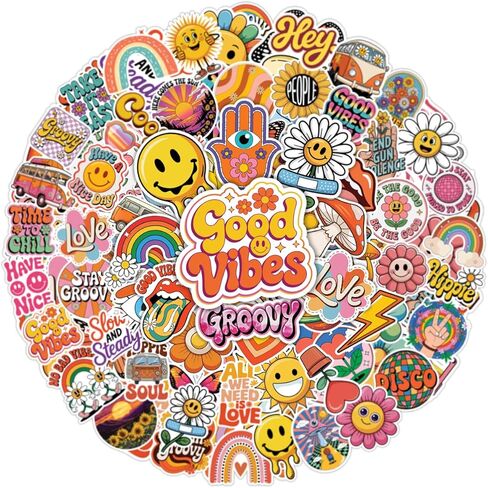 100pcs Hippie Stickers, Groovy 70s Retro Hippy Sticker Waterproof Vinyl Perfect for Phone Cases, Laptops, Luggage, Birthday Parties, Picnic Crafts, and Daily Decoration in Kuwait