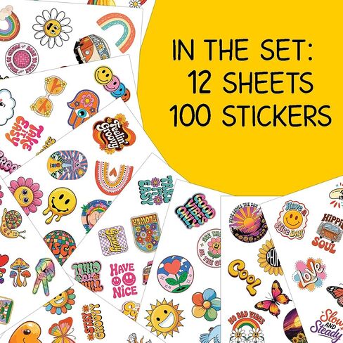 100pcs Hippie Stickers, Groovy 70s Retro Hippy Sticker Waterproof Vinyl Perfect for Phone Cases, Laptops, Luggage, Birthday Parties, Picnic Crafts, and Daily Decoration in Kuwait
