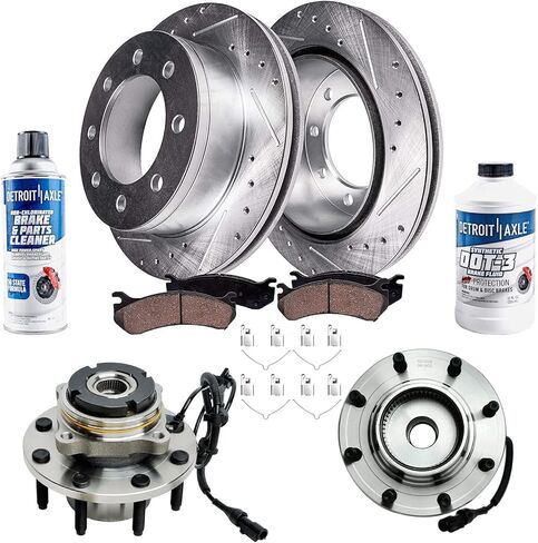 Detroit Axle-مجموعة الفرامل الأمامية 4WD لـ 99-04 Ford F-250 F-350 Super Duty 00-02 رحلة [SRW] محفورة ومزودة بالفرامل المحفوفة بالفرامل المحفورة بوسادات فرامل سيراميك 2000 2002 بديل in Saudi Arabia