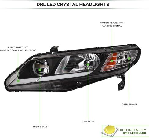 7422439226210 Compatible With 2006-2011 Honda Civic 4 Door Sedan Switchback Sequential LED Strip Bar Black Housing Headlights With Amber Reflector in Saudi Arabia