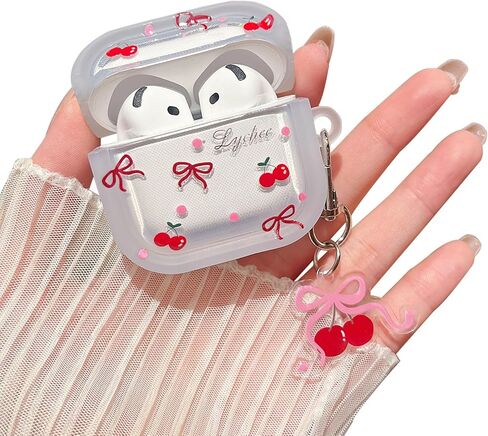 MINSCOSE Compatible with AirPods 4 Clear Case,Cute Cherry Bow Pretty Aesthetic Design with Keychain,Soft TPU Protective Shockproof Case for Women Girl for Airpods 4-Red in Kuwait