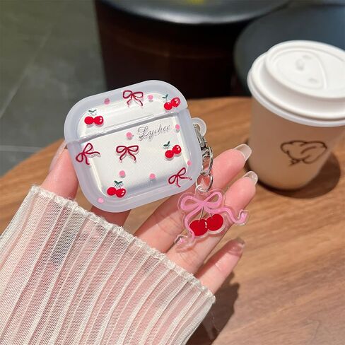 MINSCOSE Compatible with AirPods 4 Clear Case,Cute Cherry Bow Pretty Aesthetic Design with Keychain,Soft TPU Protective Shockproof Case for Women Girl for Airpods 4-Red in Kuwait