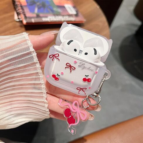 MINSCOSE Compatible with AirPods 4 Clear Case,Cute Cherry Bow Pretty Aesthetic Design with Keychain,Soft TPU Protective Shockproof Case for Women Girl for Airpods 4-Red in Kuwait