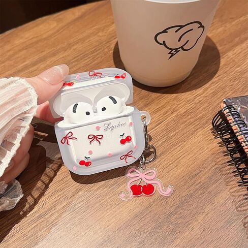 MINSCOSE Compatible with AirPods 4 Clear Case,Cute Cherry Bow Pretty Aesthetic Design with Keychain,Soft TPU Protective Shockproof Case for Women Girl for Airpods 4-Red in Kuwait