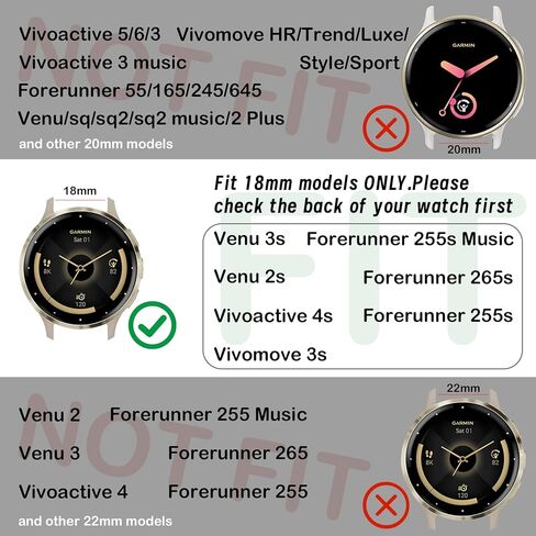 شريط سيليكون شريطي 18 ملم متوافق مع Garmin venu 3S / Venu 2S / Vivoactive 4S/ Vivoactive 3S، حزام رياضي ناعم مسامي قابل للتنفس، حلقة معصم سريعة الفك للرجال والنساء in Kuwait