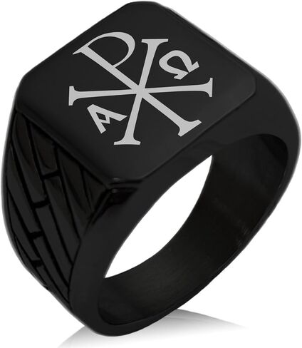 أسود مطلي بالفولاذ المقاوم للصدأ Chi Rho alpha omega رمز محفور على النمط الهندسي النمط حلقة مصقولة ، الحجم 10 in Saudi Arabia