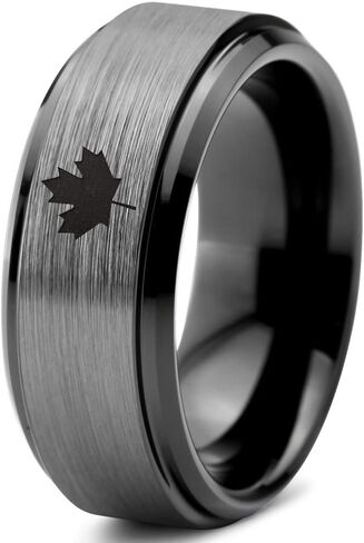 Canadian Maple Leaf Ring - Tungsten Band 8mm - Men - Women - 18k Rose Gold Step Bevel Edge - Yellow - Grey - Blue - Black - Brushed - Polished - Wedding - Gift Dome Flat in Saudi Arabia
